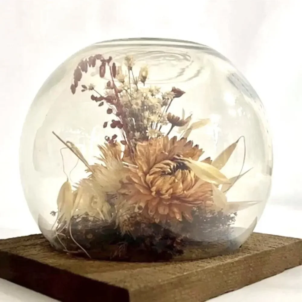 Vintage 60s Dried Flower Glass Terrarium Bird Floral Strawflower Daisy Bouquet